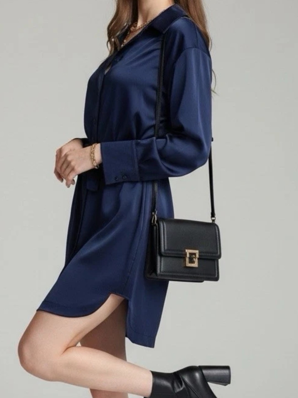House of Harlow 1960 Navy Satin Shirt Dress SIze M Minimalist